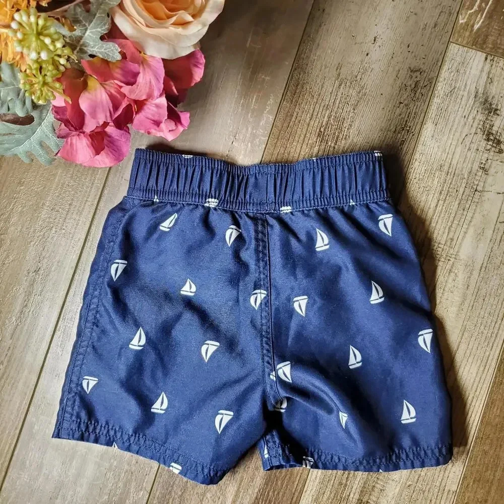 Starting Out Toddler Boy Blue and White Anchor Month Swim Trunks 18/24M